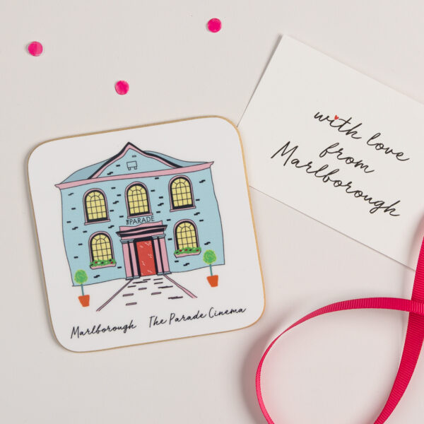 Illustrated coaster of The Parade Cinema in Marlborough