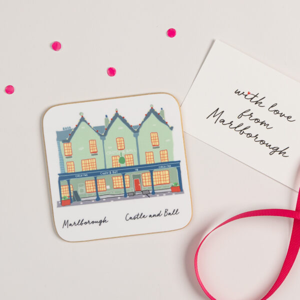 Illustrated coaster of the Castle & Ball in Marlborough
