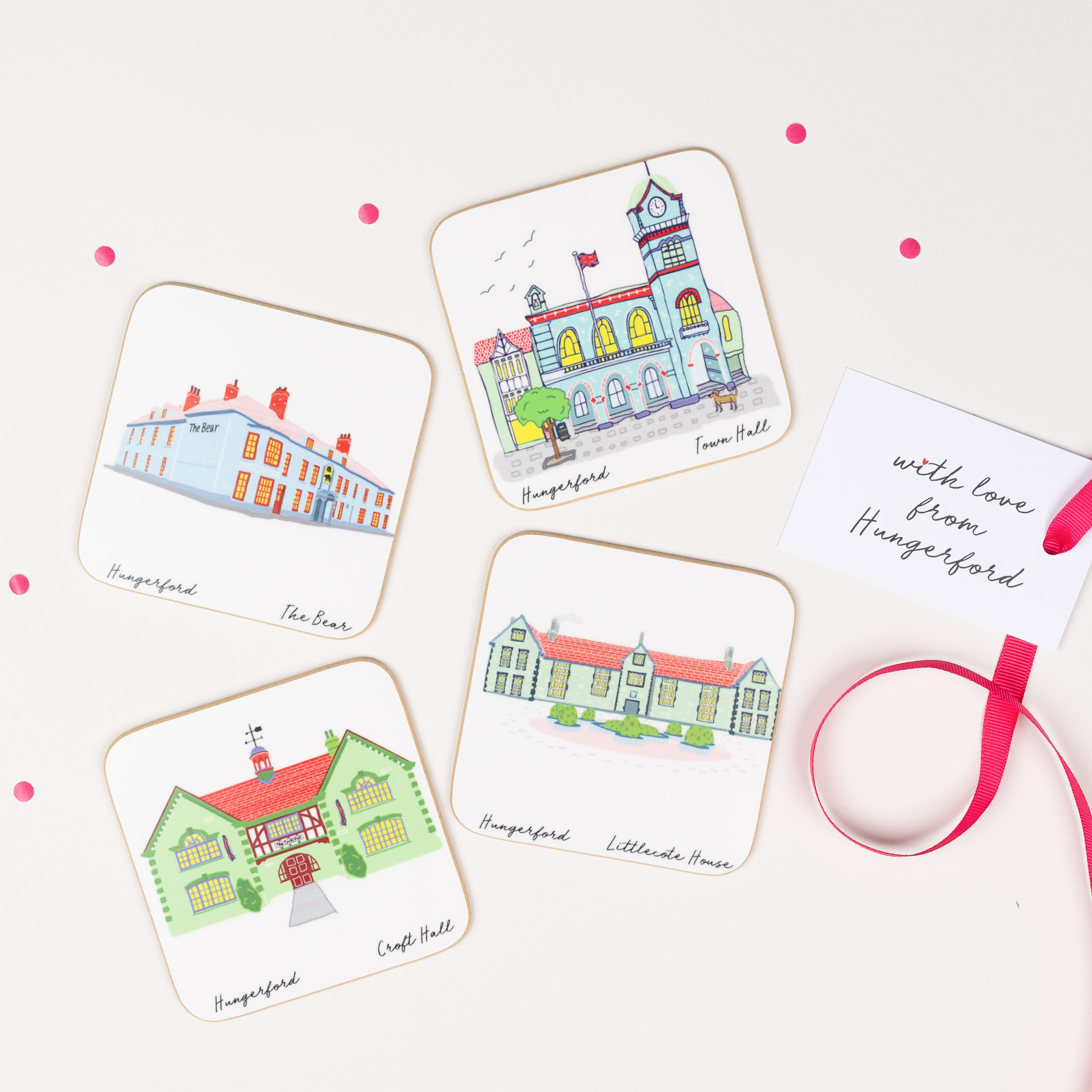 Pack of four Hungerford illustrated coasters