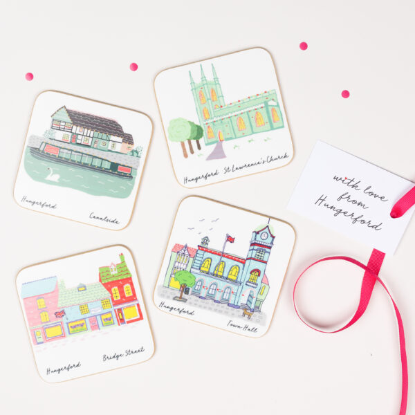 Pack of four Hungerford illustrated coasters