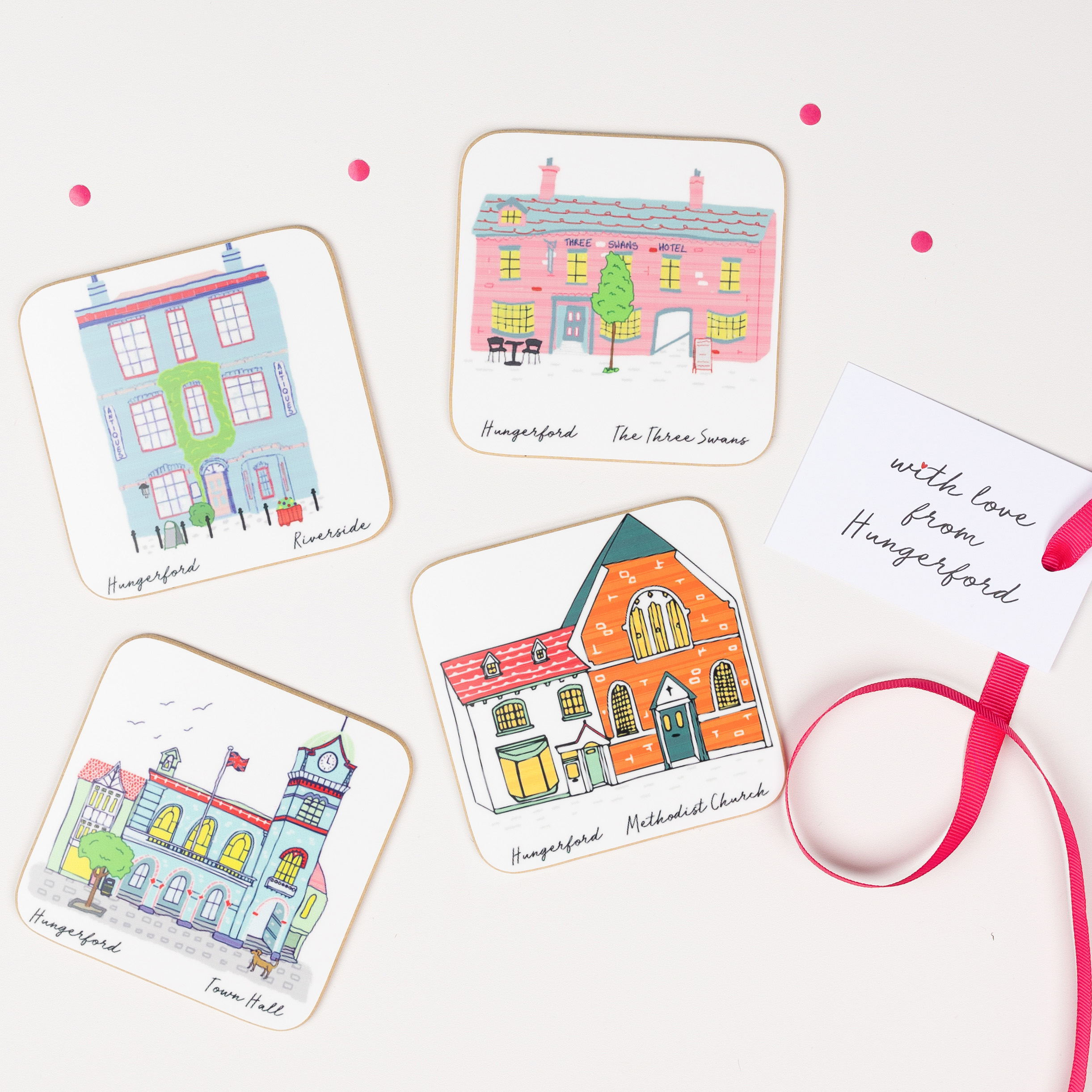 Pack of four Hungerford illustrated coasters