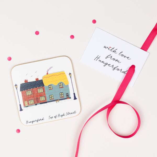 Illustrated coaster of the Top of High Street in Hungerford