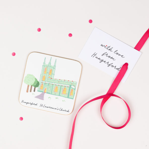 Illustrated coaster of St Lawrence's Church in Hungerford