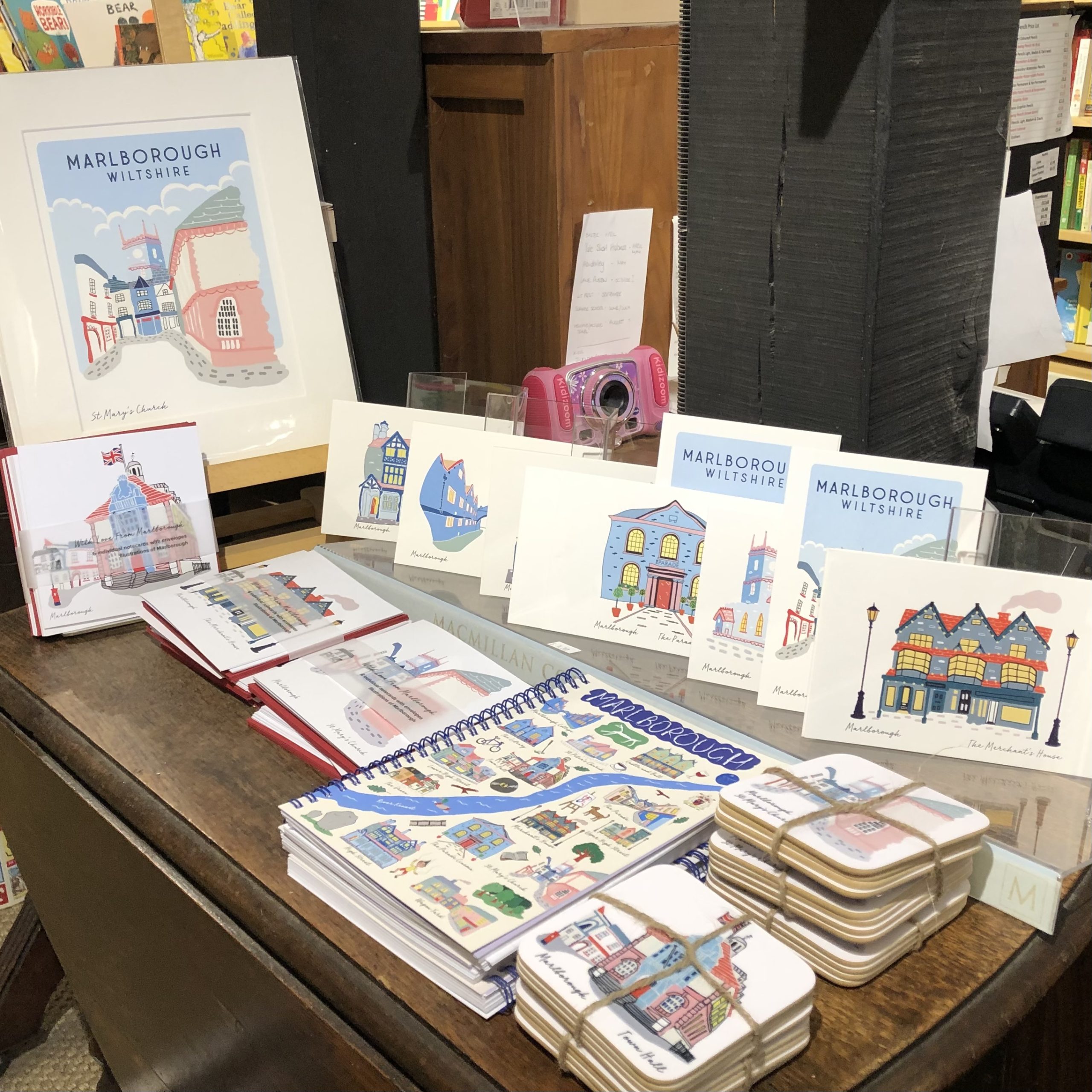 Marlborough illustrated prints, notecards, postcards, notebooks and coasters on display at the White Horse Bookshop